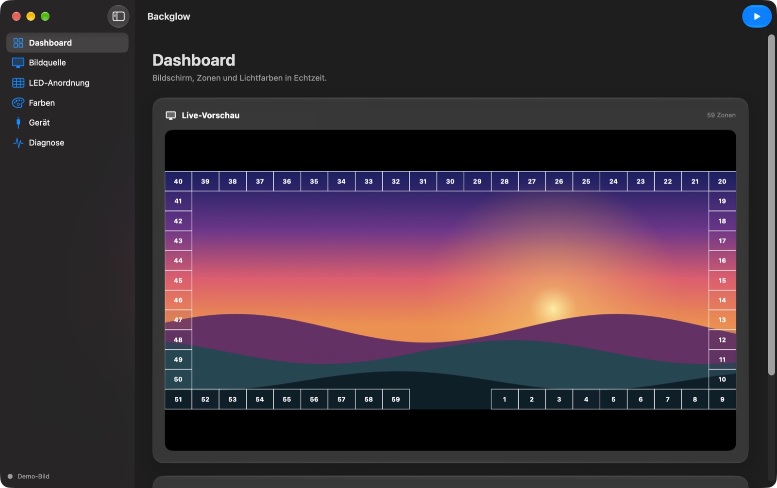 Backglow-Fenster mit Live-Vorschau: ein Sonnenuntergang, umrahmt von 59 nummerierten Zonen, die jeweils die Farbe des Bildrands zeigen.