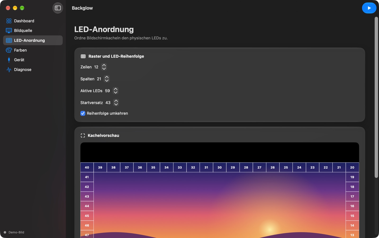 Seite LED-Anordnung mit Zeilen, Spalten, aktiven LEDs, Startversatz und einer Kachelvorschau.