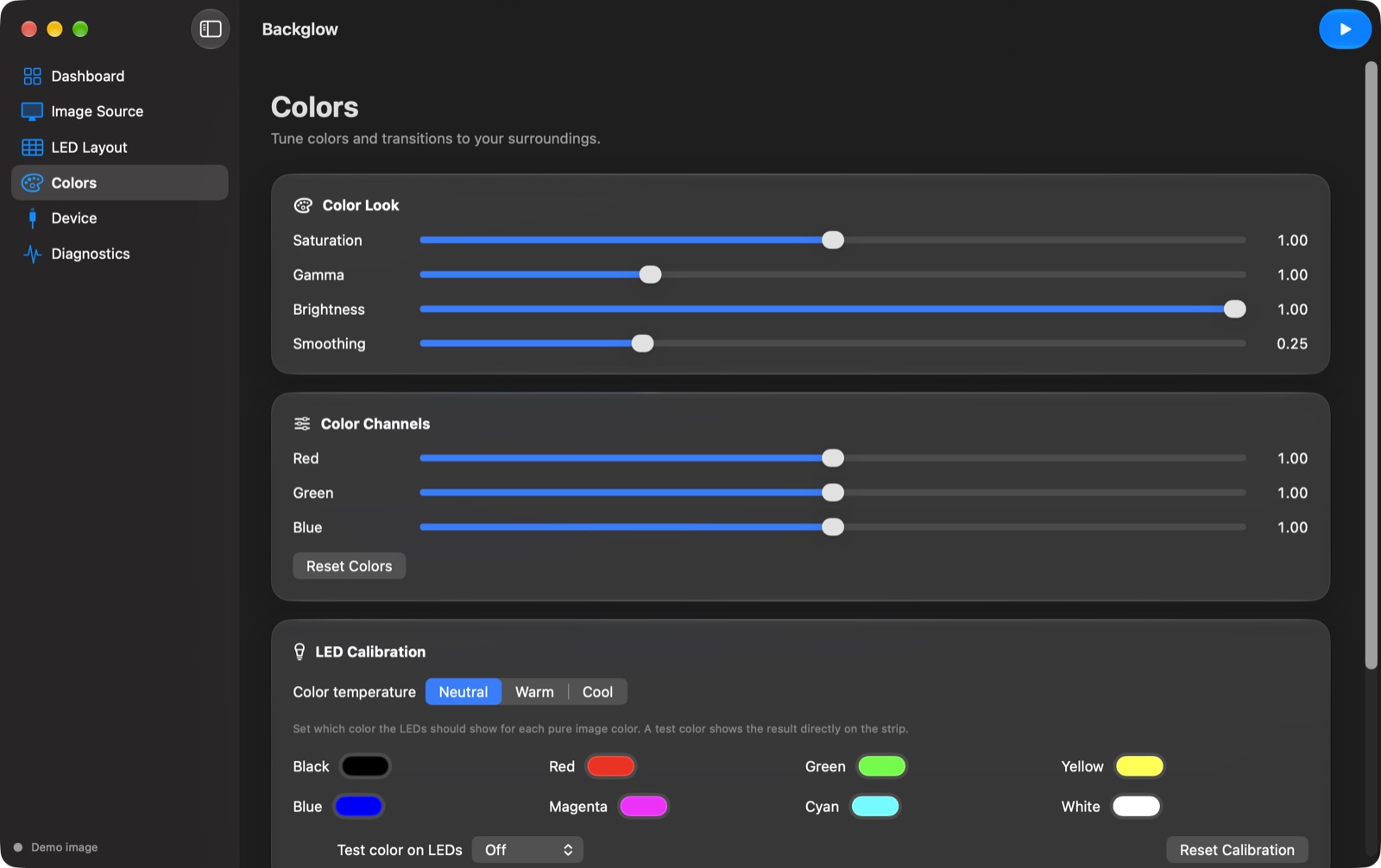 Colors page with sliders for saturation, gamma, brightness, smoothing and color channels, plus LED calibration.