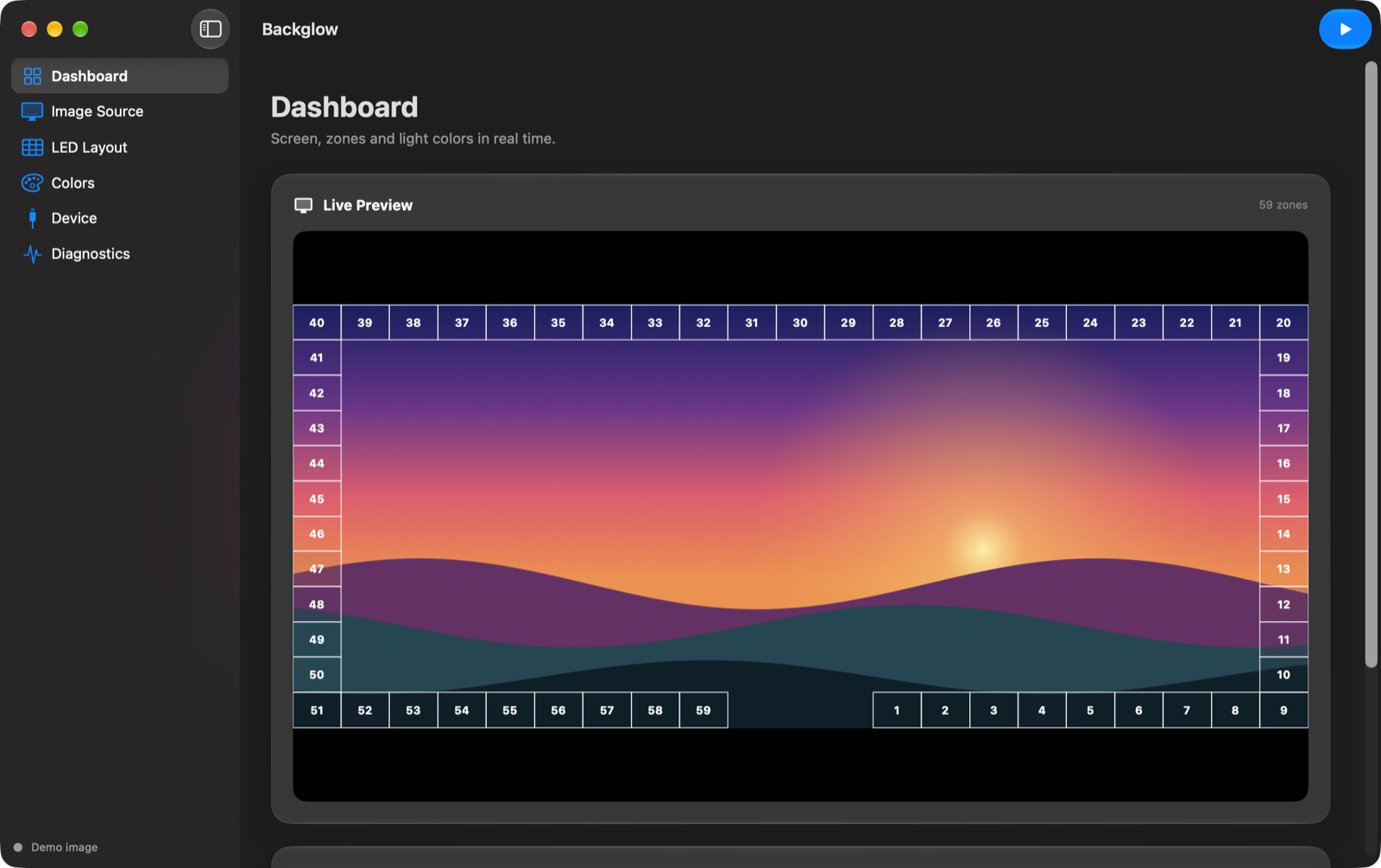 Backglow window with live preview: a sunset framed by 59 numbered zones, each showing the color of the image edge.