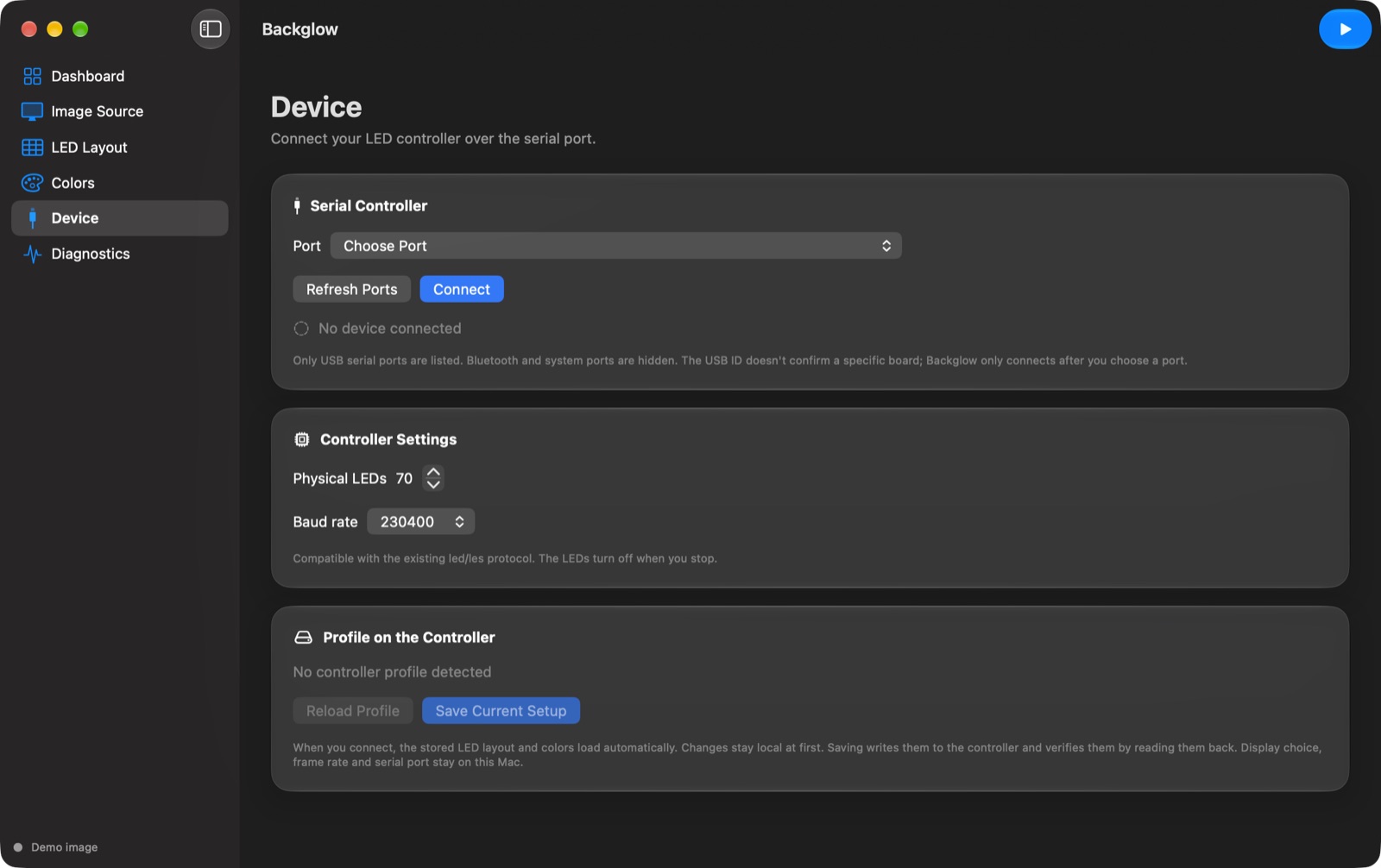 Device page with port selection, Connect button, physical LEDs, baud rate and the profile section.