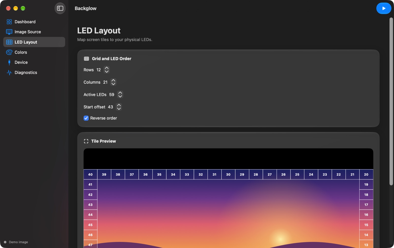 LED Layout page with rows, columns, active LEDs, start offset and a tile preview.